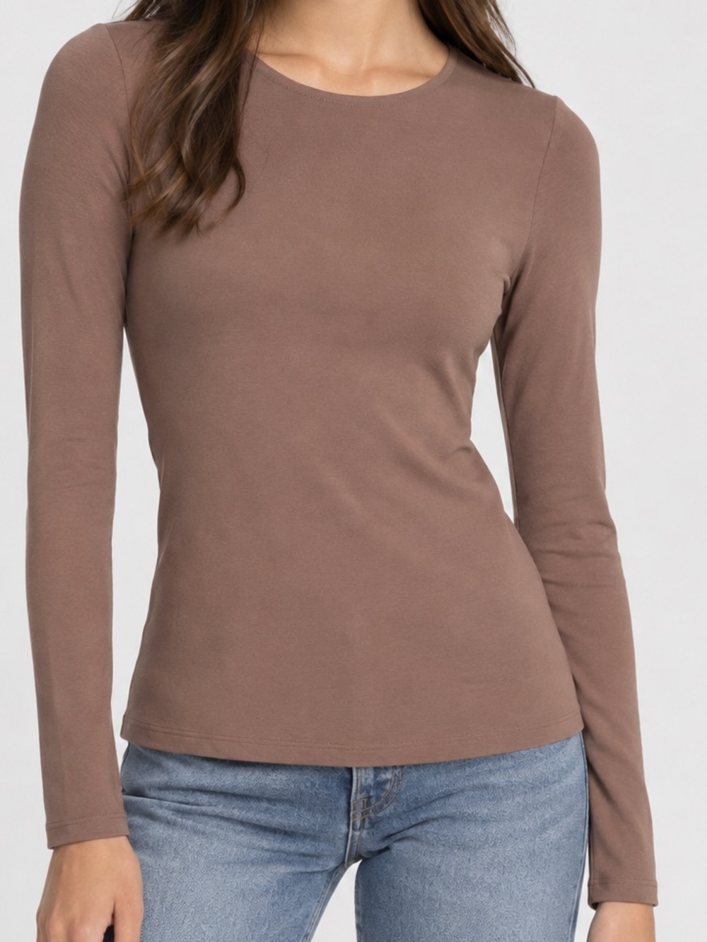 Aritzia Contour Warm Taupe Crew Hip Long Sleeve Top
